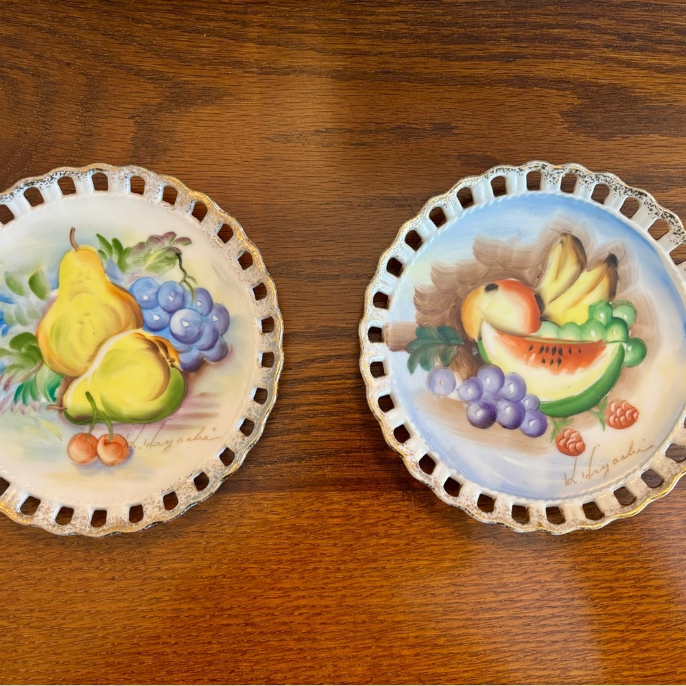 Vintage Hand Painted porcelain fruit plates scalloped & reticulated trim Ucagco